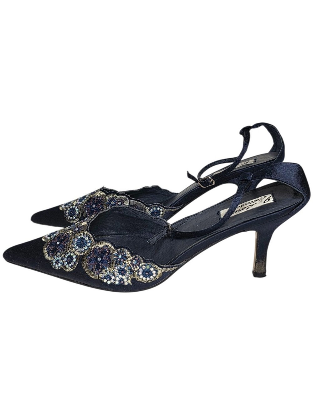 J Loren Collection Pointed Toe Slingback Heels Navy Blue Embroidered Satin 9.5